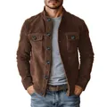 Close-up of men's casual faux suede jacket with button-down front and chest pockets. - S / Tops / Dark Brown