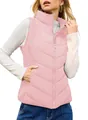 Close-up view of a stylish pink stand-up collar padded vest worn by a female model - Pink