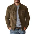 Close-up of brown faux suede jacket for men, showing button details and fabric texture - S / Tops / Brown