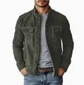 Close-up detail of men's olive green faux suede casual jacket with flap pockets - S / Tops / Army Green