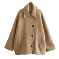 Abrigo corto tipo capa para mujer en mezcla de lana camel con solapa elegante - XS / Tops / Caqui
