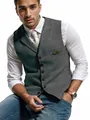 Close-up detail of men's slim fit grey plaid vest waistcoat with classic button closure - S / Tops / Light Gray