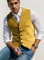 Close-up of a mustard yellow plaid slim fit vest for men with high quality tweed texture - Yellow