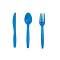 Blue disposable party cutlery set including plastic knife, fork, and spoon in detail - Blue Plastic Table Knives / 20 Piece Set