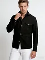 Detailed view of a premium black wool lapel jacket for men with stylish buttons. - S / Tops / Black