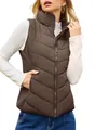 Chaleco acolchado marrón para mujer con cuello alto y costuras en V para el otoño - S / Tops / Café