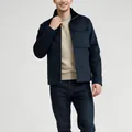 Detail view of a navy blue men's casual work-style jacket with large front pockets. - S / Tops / Navy Blue