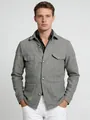 Front view of a premium grey suede jacket for men with lapel collar and four pockets - S / Tops / Gray