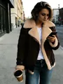 Women's brown faux suede shearling aviator jacket with soft faux fur collar and lapels - Red Brown