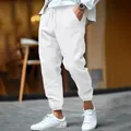 Men's breathable white cotton linen joggers with elastic waist and drawstring detail - S / White