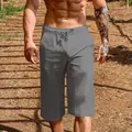 Detail view of men's grey breathable linen cotton cropped shorts with drawstring - S / Bottoms / Gray