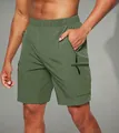 Gedetailleerd overzicht van olijfgroene cargo shorts voor heren met veilige ritszakken - Legergroen