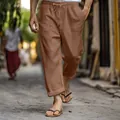 Detail view of men's brown cotton linen pants with drawstring waist and pockets - S / Bottoms / Dark Brown