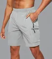 Detail van heren cargoshort met meerdere ritszakken en elastische tailleband. - Lichtgrijs