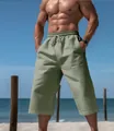 Men's loose linen-cotton breathable seven-point shorts for summer beach leisure - Bean Green