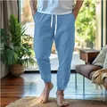 Men's light blue breathable cotton linen jogger pants with adjustable drawstring waist - S / Bottoms / Light Blue