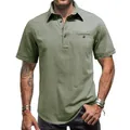 Dettaglio macro della camicia estiva da uomo in lino verde oliva con un taschino - Taglia S / Top / Verde militare