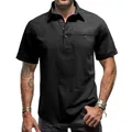 Primo piano di camicia a maniche corte in cotone e lino nero, dettagli colletto e bottoni. - Taglia S / Top / Nero