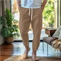 Ανδρικό χακί βαμβακερό λινό παντελόνι jogger με κορδόνι για καλοκαιρινή παραλία. - Σκούρο Καφέ