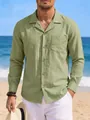 Men's vintage sage green linen cotton long-sleeve casual shirt with chest pocket. - Light Green