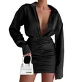 Elegante abito a camicia nero con scollo a V, maniche lunghe e dettagli drappeggiati - XS / Vestiti / Nero