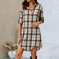 Elegant women's plaid button-down shirt dress with long sleeves and a high-low curved hem - S / Dresses / White