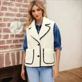 Elegant women's white lamb wool vest with black piping and notched lapel design - S / Tops / White