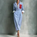 Elegant French style blue and white striped shirt dress with red contrast pocket detail - S / Blue