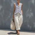 French style blue and white striped vest paired with white wide-leg linen trousers - XS / Top And Bottom / Blue