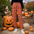 Halloween Damen Karo-Hose in Orange, gerade Form mit Reißverschluss - S / Unterteile / Orangerotes Karo