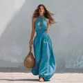 Elegant blue sleeveless halter neck summer fashion lantern pants jumpsuit for women - S / Jumpsuits / Teal