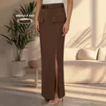Elegant high-waisted brown maxi skirt with a high front slit and slim-fit design - S / Bottoms / Brown