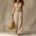 Bohemian beige linen 2-piece set featuring a halter crop top and wide-leg pants - S / Top And Bottom / Khaki