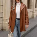Elegant brown PU leather trench coat with double-breasted design and notched lapels. - S / Tops / Reddish Brown