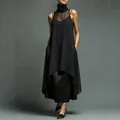 Elegant black sleeveless dress set with high neck mesh paneling and layered hem - 2XL / Set / Black