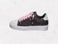 Stylish men's black denim board shoes featuring pink laces and thick white platform sole - 36 / Black Pink Distressed