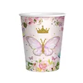 Détail d'un motif de papillon et de couronne dorée sur un gobelet en papier de fête - Style Papillon à l'Encre