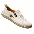 Comfortable hand-stitched beige casual loafers featuring soft rubber sole and zipper - 36 / Beige