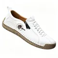 Casual white leather loafers for men and women with hand-stitched rubber sole and zipper - 36 / White