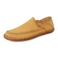 Handmade yellow leather loafers for men with soft rubber sole and braided edge detail. - 38 / Khaki (hg8335)