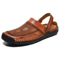 Herren-Sandalen aus braunem Leder mit Mesh-Obermaterial und geschlossener Zehenpartie für Sommer - 38 / Hellbraun
