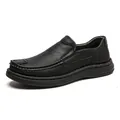 Detailed side view of black men's slip-on leather loafers with soft comfort sole - 38 / Slip-on Style (86626) / Black