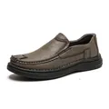 Close-up of men's casual grey leather slip-on loafers with soft rubber sole - 38 / Slip-on Style (86626) / Gray