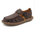 Classic brown leather men's sandals with breathable hollow cutouts for casual beach wear - 38 / Deep Brown