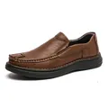 Comfortable men's casual brown leather loafers featuring soft soles and stylish contrast stitching detail. - 38 / Slip-on Style (86626) / Brown