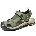 Green men's outdoor leather sandals with closed toe and velcro straps for hiking - 38 / Army Green