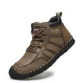 Botines casuales clásicos para hombre en cuero marrón cosidos a mano con textura - 38 / Caqui