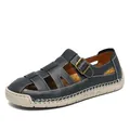 Sandalias huecas de cuero negro cosidas a mano para mujer con suela suave y ligera - 36 / Sandalias Planas Estilo Romano (96007) / Negro
