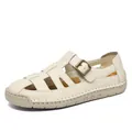 Sandalias color crema para mujer con costuras hechas a mano y suela antideslizante - 36 / Sandalias Planas Estilo Romano (96007) / Blanco Roto