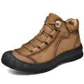 Men's brown leather mid-top work boots with anti-collision toe for outdoor hiking - 38 / Single Shoes (D9659) / Khaki